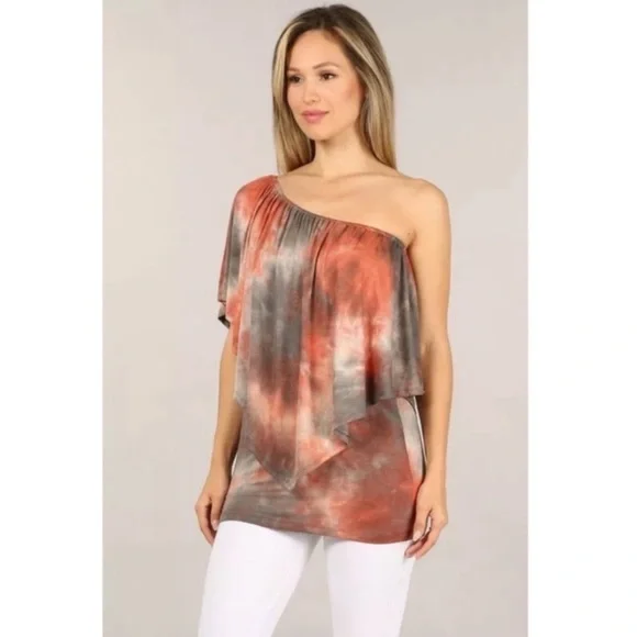 Rust Gray Multi Way Tie Dye Boho One Shoulder Top - Picture 2 of 7